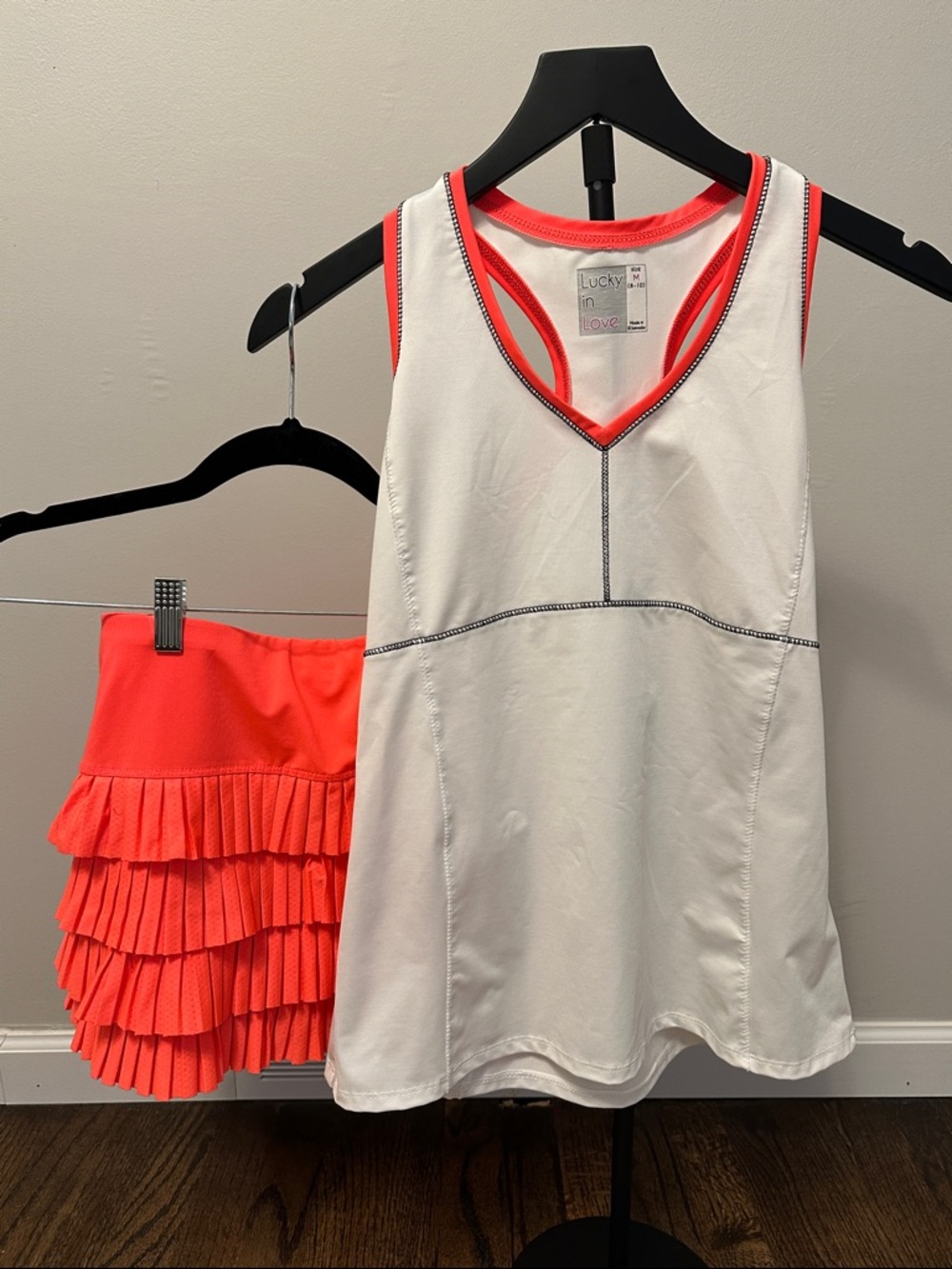 Lucky in Love White Tank with Coral Trim & Coral Ruffle Skirt